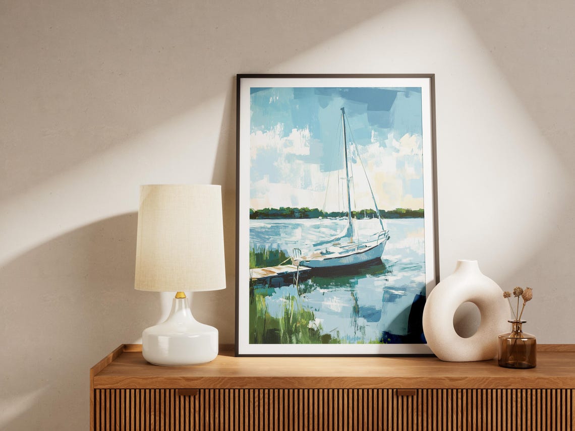 Sailboat on Calm Lake Lakeside Wooden Dock Summer Sailing Print - Image 4
