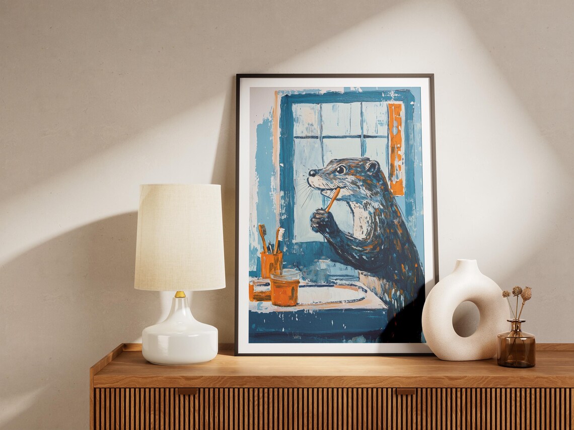 Otter Brushing Teeth At Blue Bathroom Sink Fun Animal Poster - Image 5