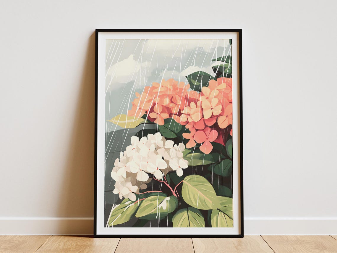 White and Peach Hydrangea Blooms in Slanting Rain Art Poster
