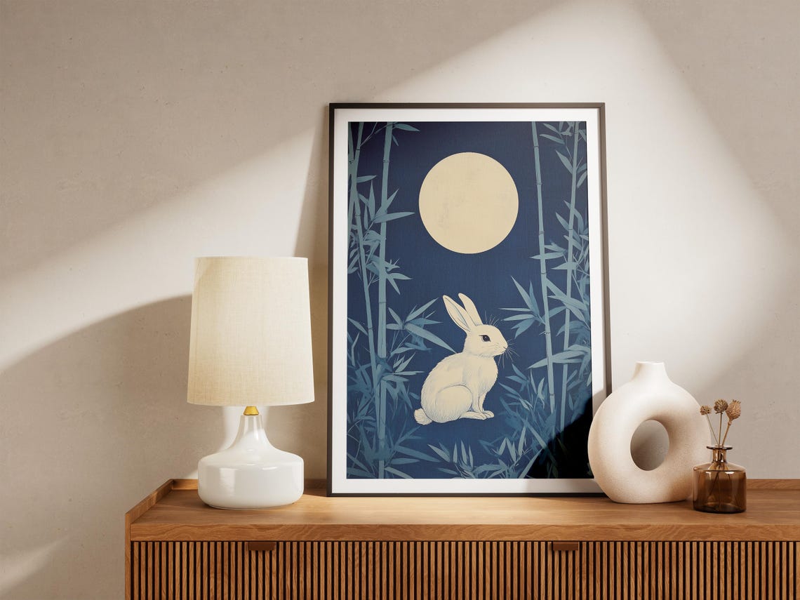 White Rabbit Sitting Under Full Moon in Blue Bamboo Grove Poster - Image 5