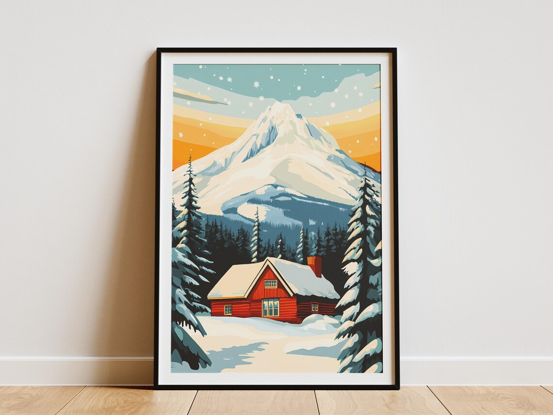 Mount Hood Glowing Red Cabin in Deep Snow at Sunset Winter Poster