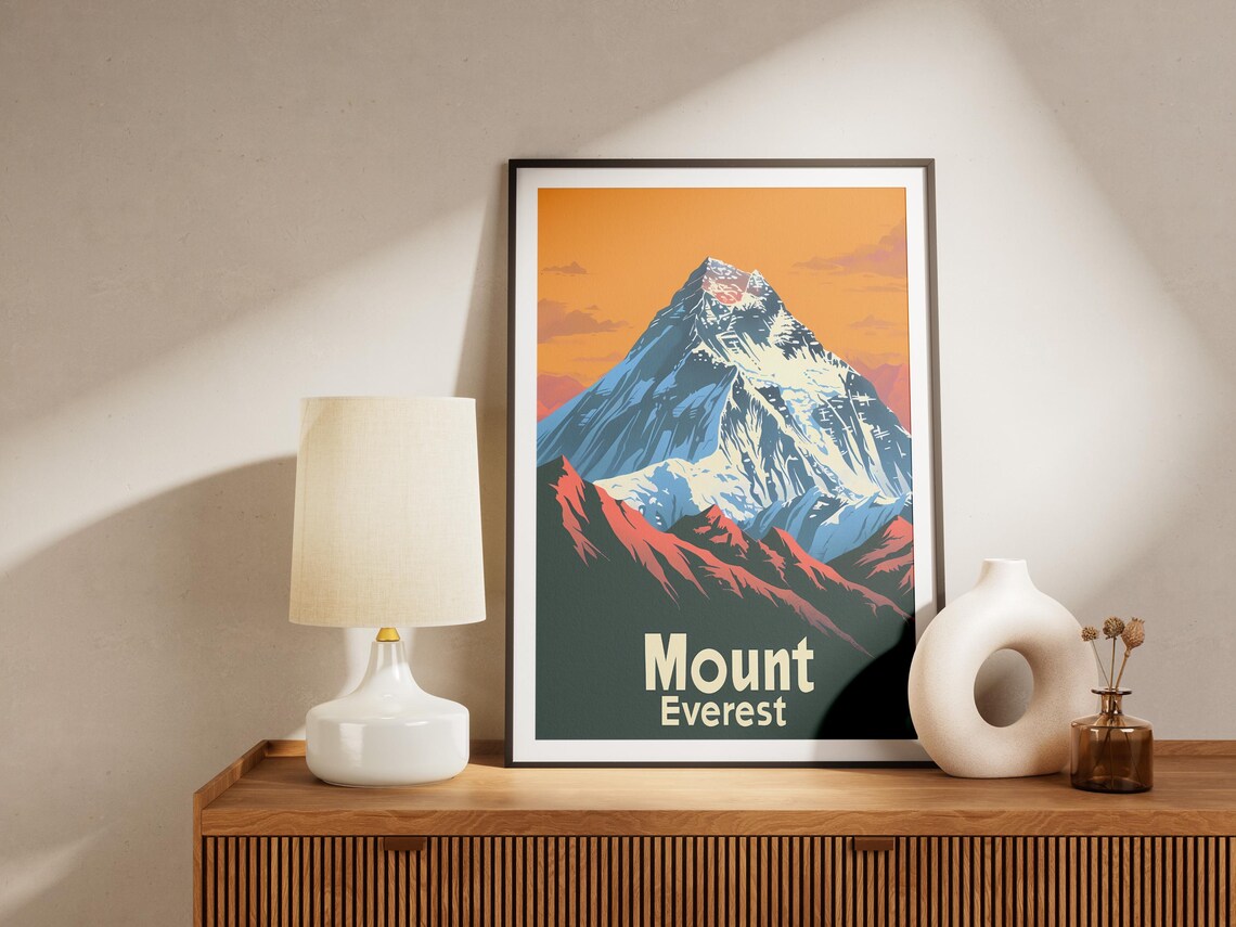 Mount Everest Orange Sunset Sky Vintage Mountain Travel Poster - Image 2
