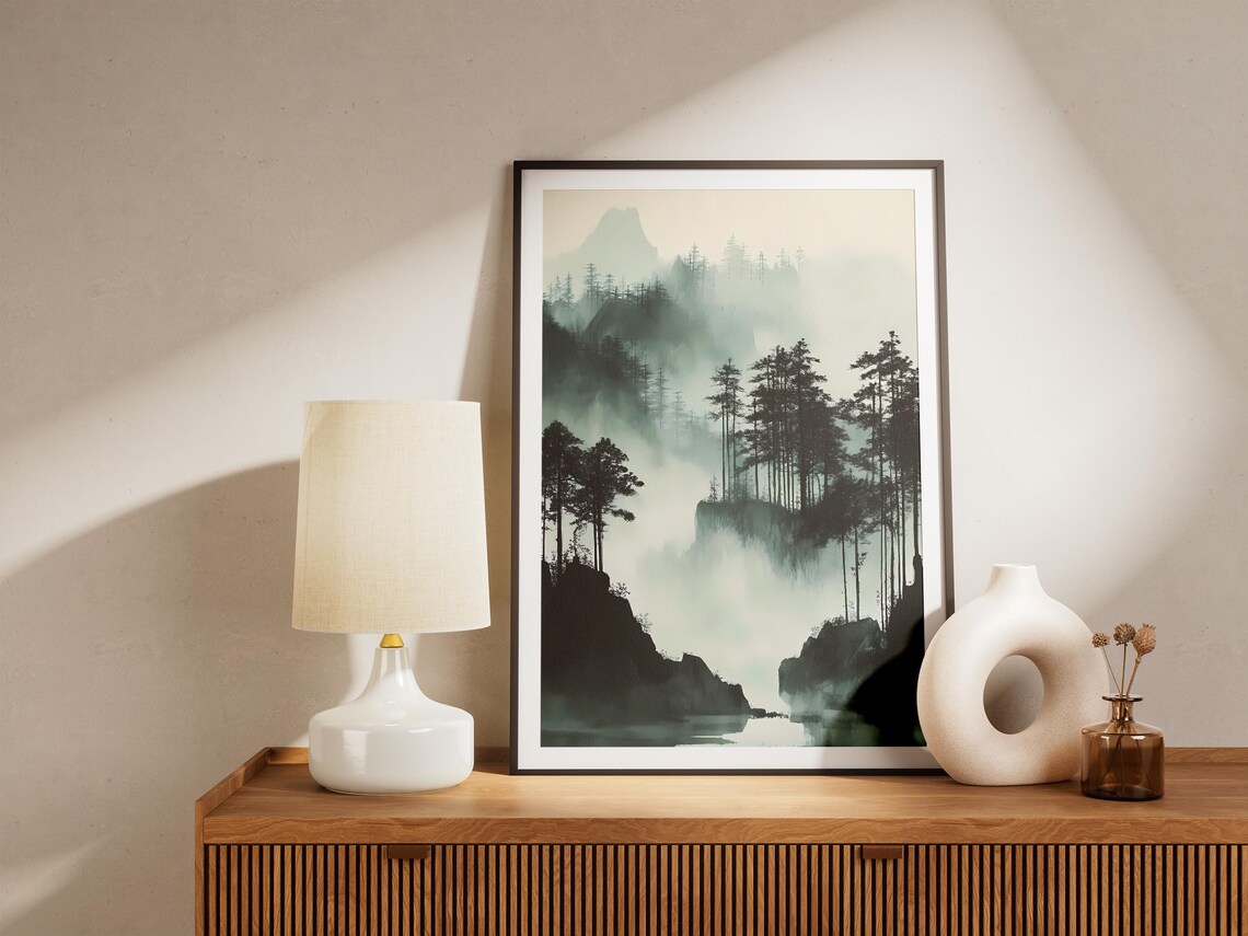 Misty Ink Wash Forest Mountain Lake Ethereal Nature Art Poster - Image 5