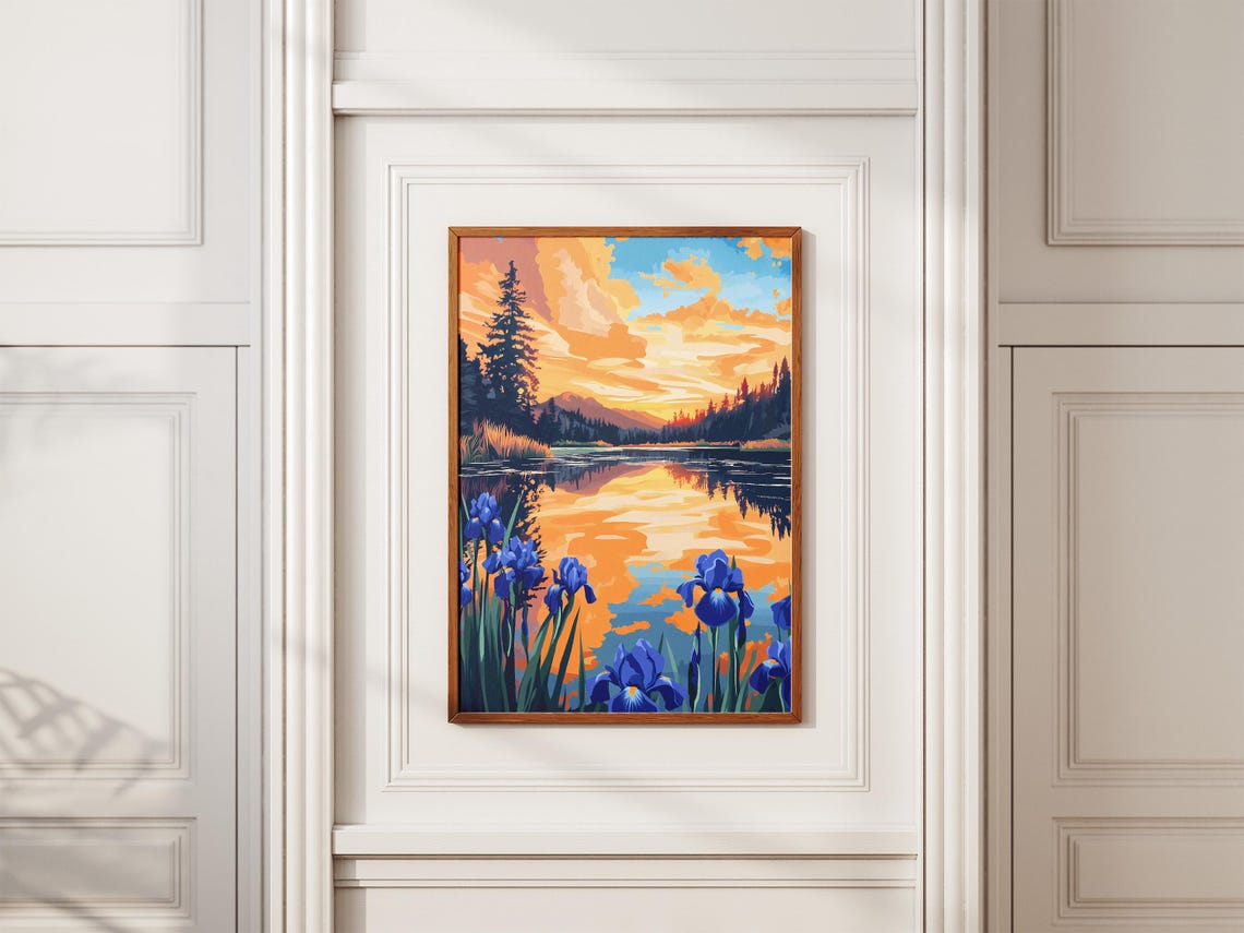 Blue Irises Lake Reflection Sunset Dramatic Landscape Poster - Image 2