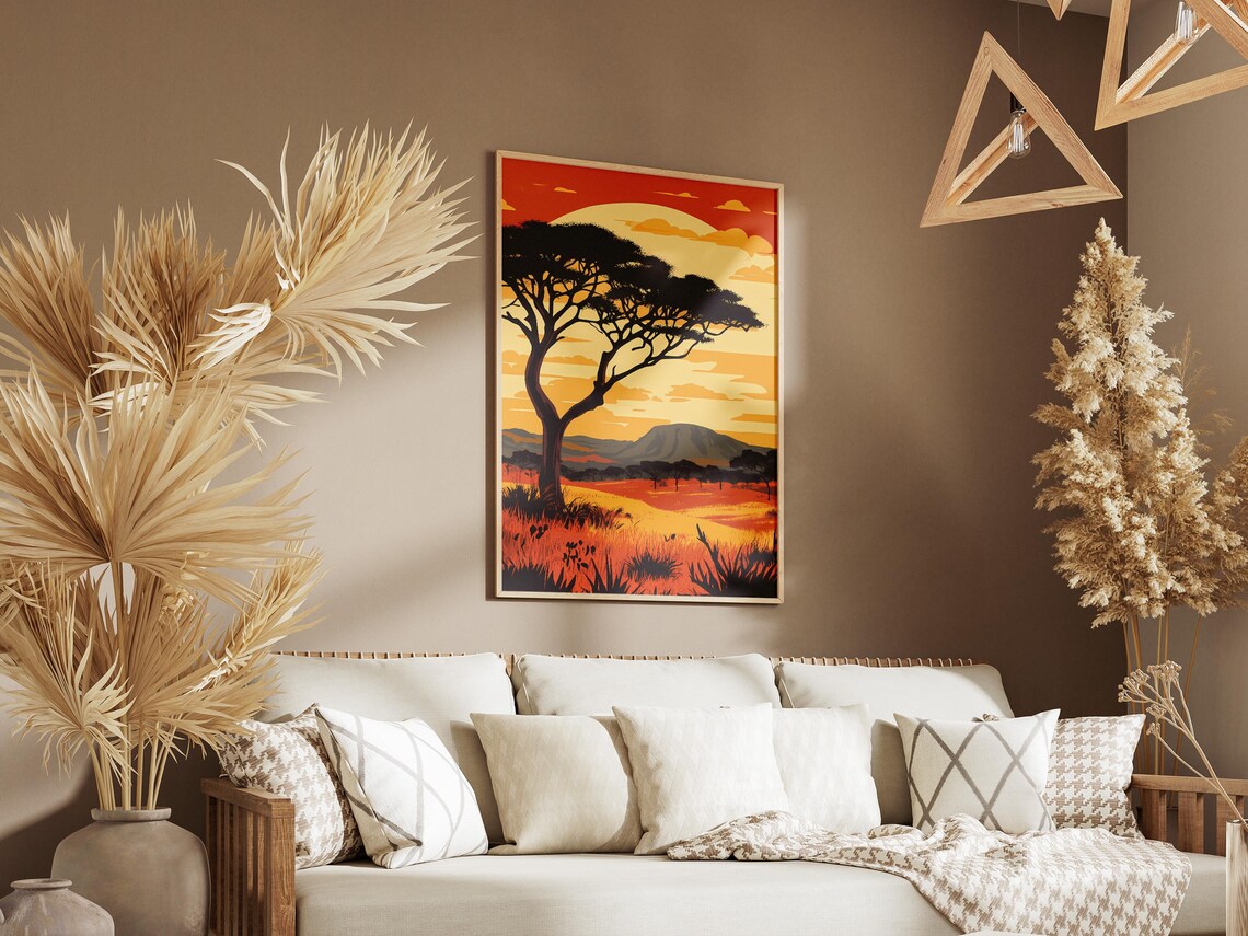 African Savanna Sunset Acacia Tree Silhouette Illustration Poster - Image 3