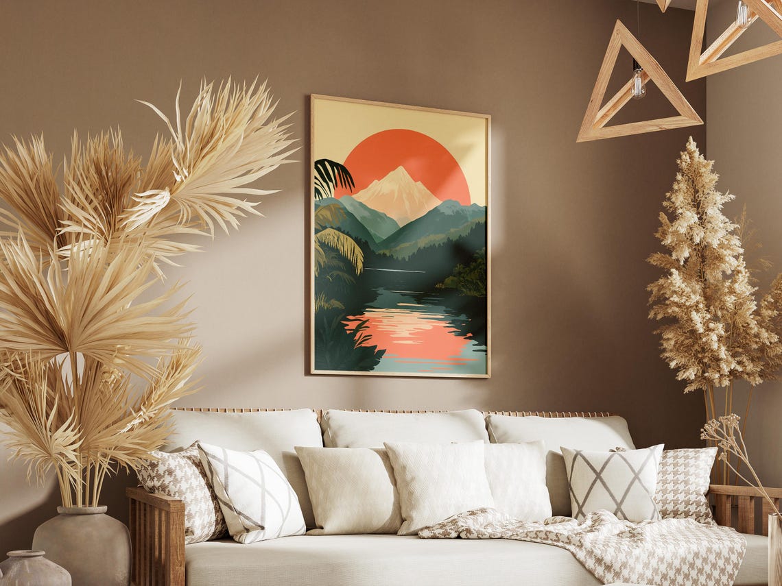 Coral Sunset Over Mountain And Jungle River Vintage Art Poster - Image 3