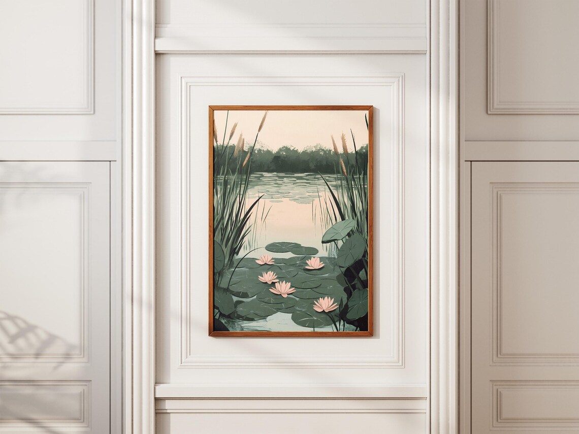 Water Lily Pond Pink Blooms Lily Pads Reeds Calm Lake Poster - Image 2