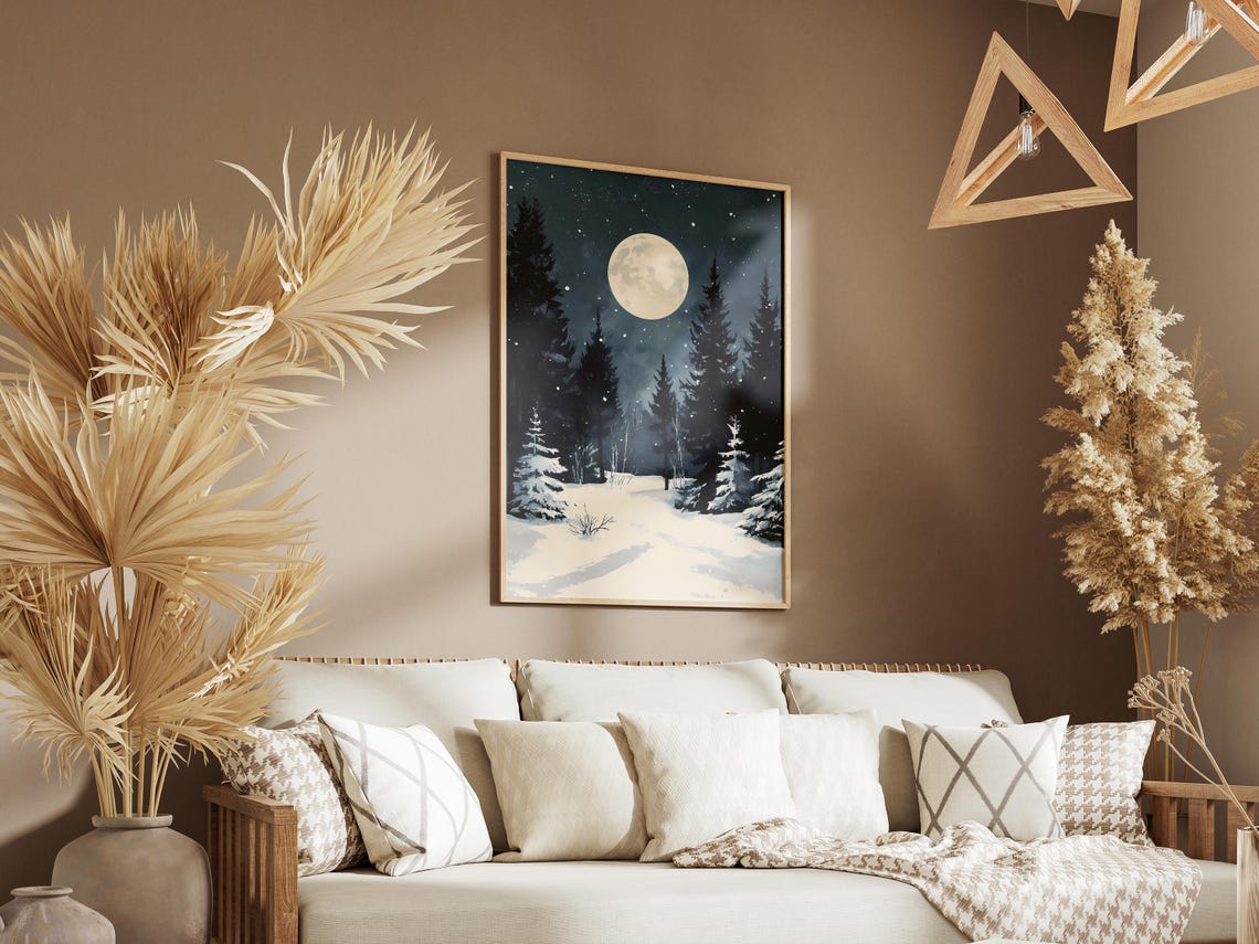Full Moon Over a Snowy Night Forest with Stars and Falling Snow Poster - Image 3