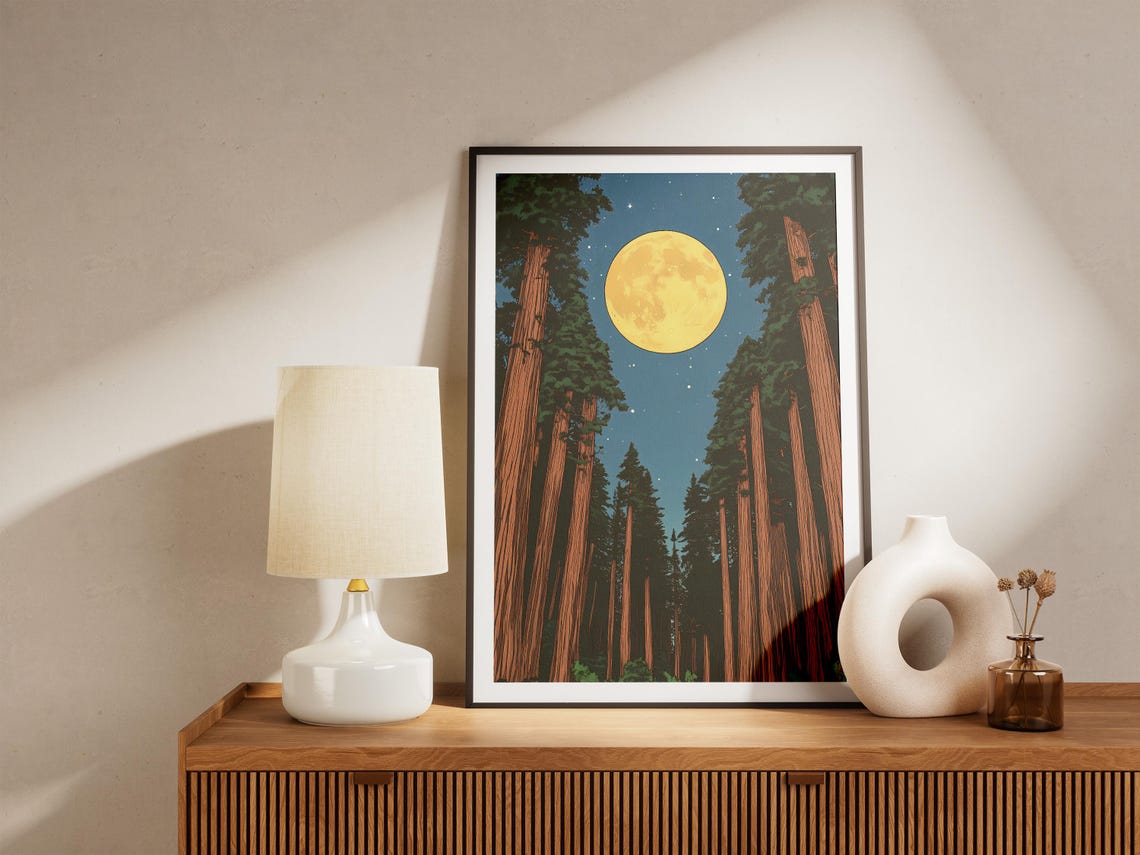 Golden Full Moon Night Over Tall Redwood Forest Starry Sky Poster - Image 4