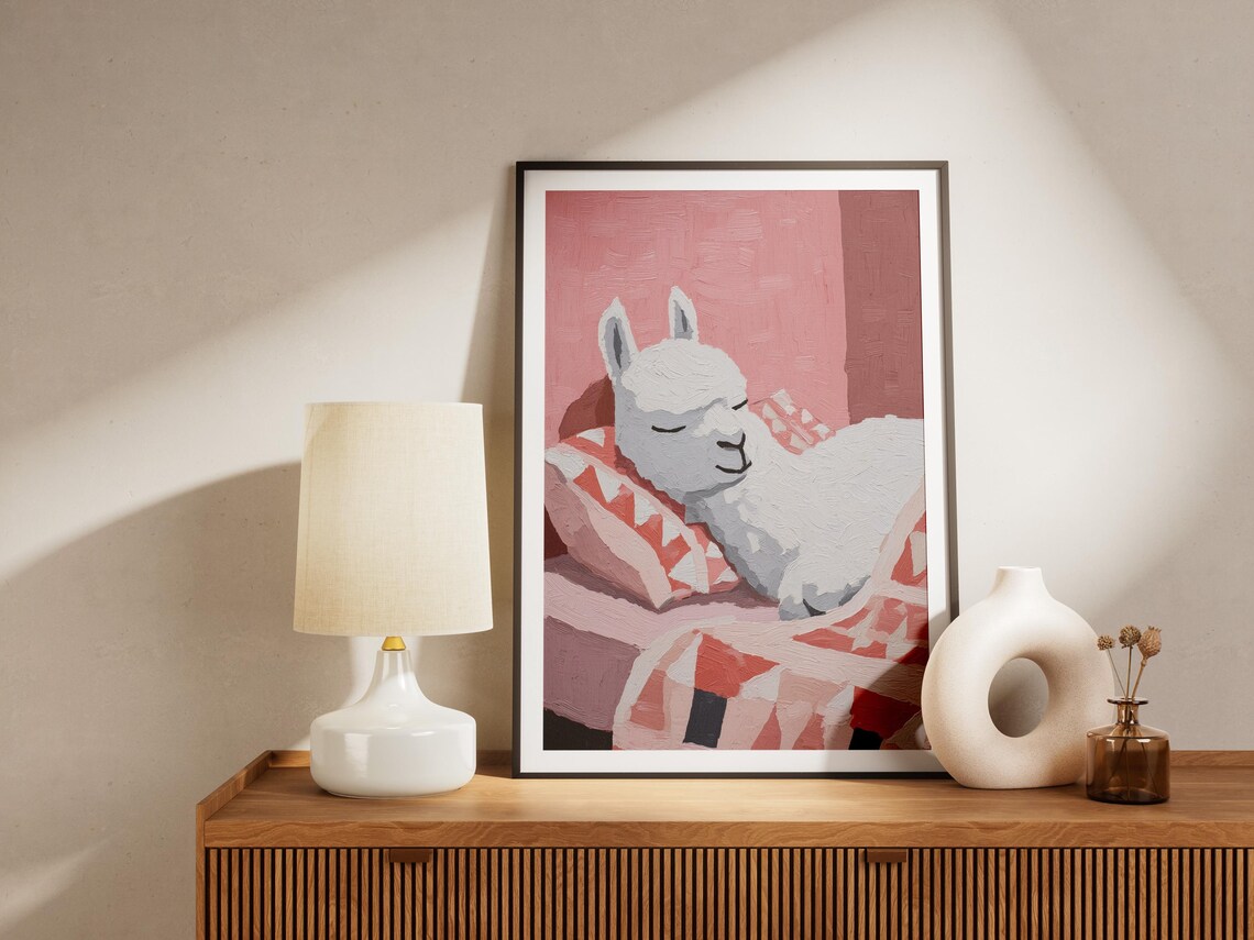 Sleeping White Llama Resting on Pink Patterned Cushions Cozy Art Poster - Image 4