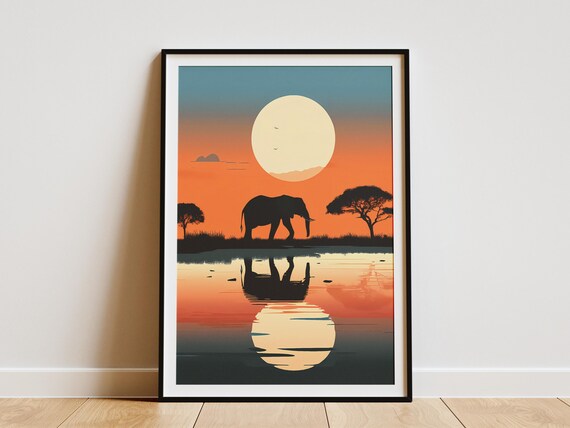 Botswana Elephant Sunset Waterhole Reflection Wildlife Poster