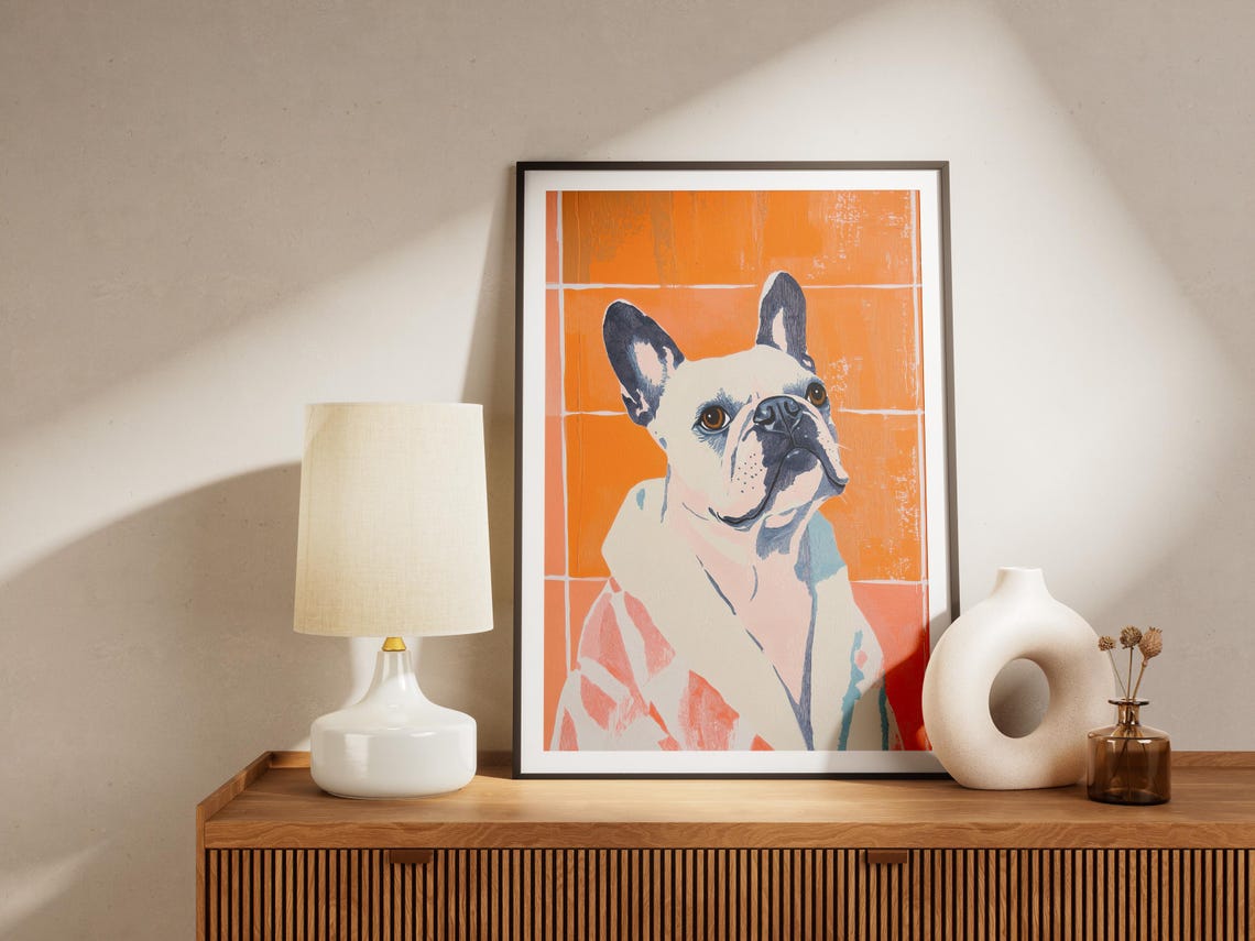 Cream French Bulldog in Soft Robe Orange Tile Dog Art Poster - Image 4