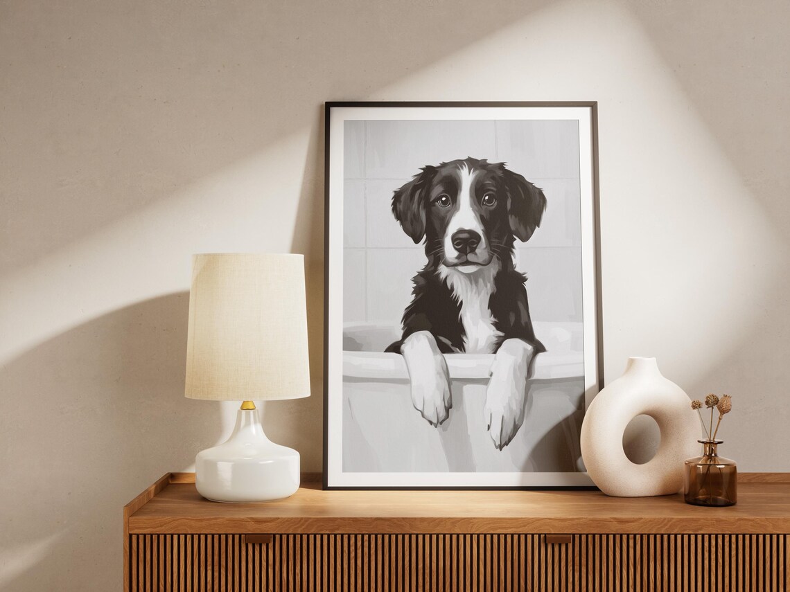 Border Collie Puppy In A Bathtub Black And White Puppy Art Poster - Image 4