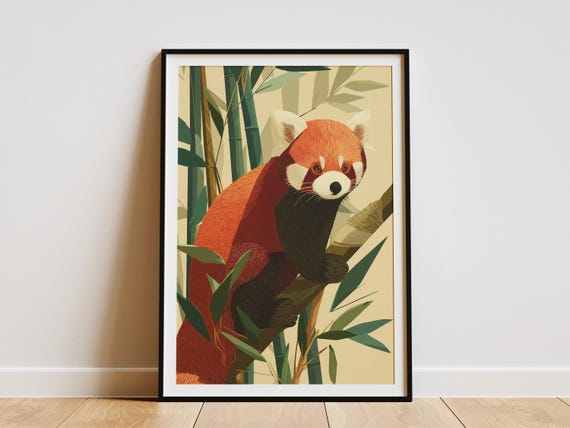 Red Panda Bamboo Branch Travel Poster Style Art Print Vintage Wildlife Animal Nature Decor Midcentury Inspired Artwork For Wall