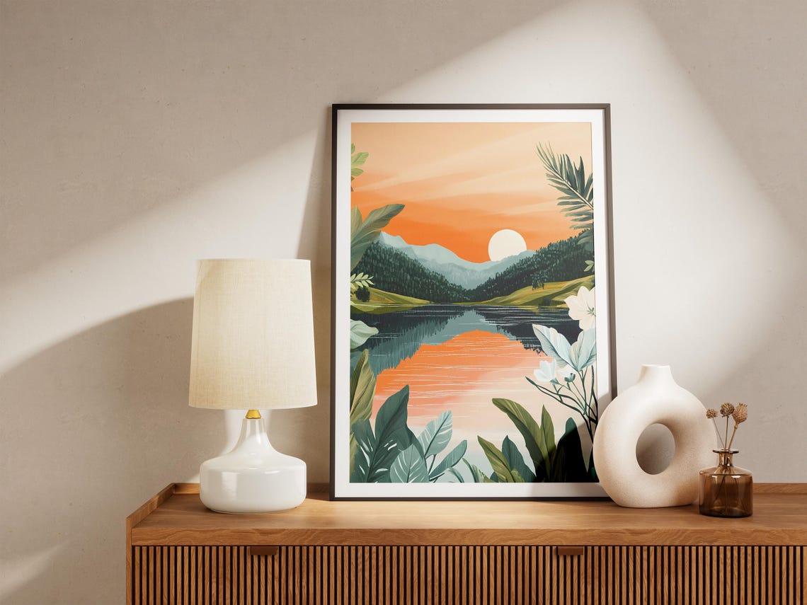 Tropical Sunset Lake With Orange Sky Modern Botanical Poster - Image 5