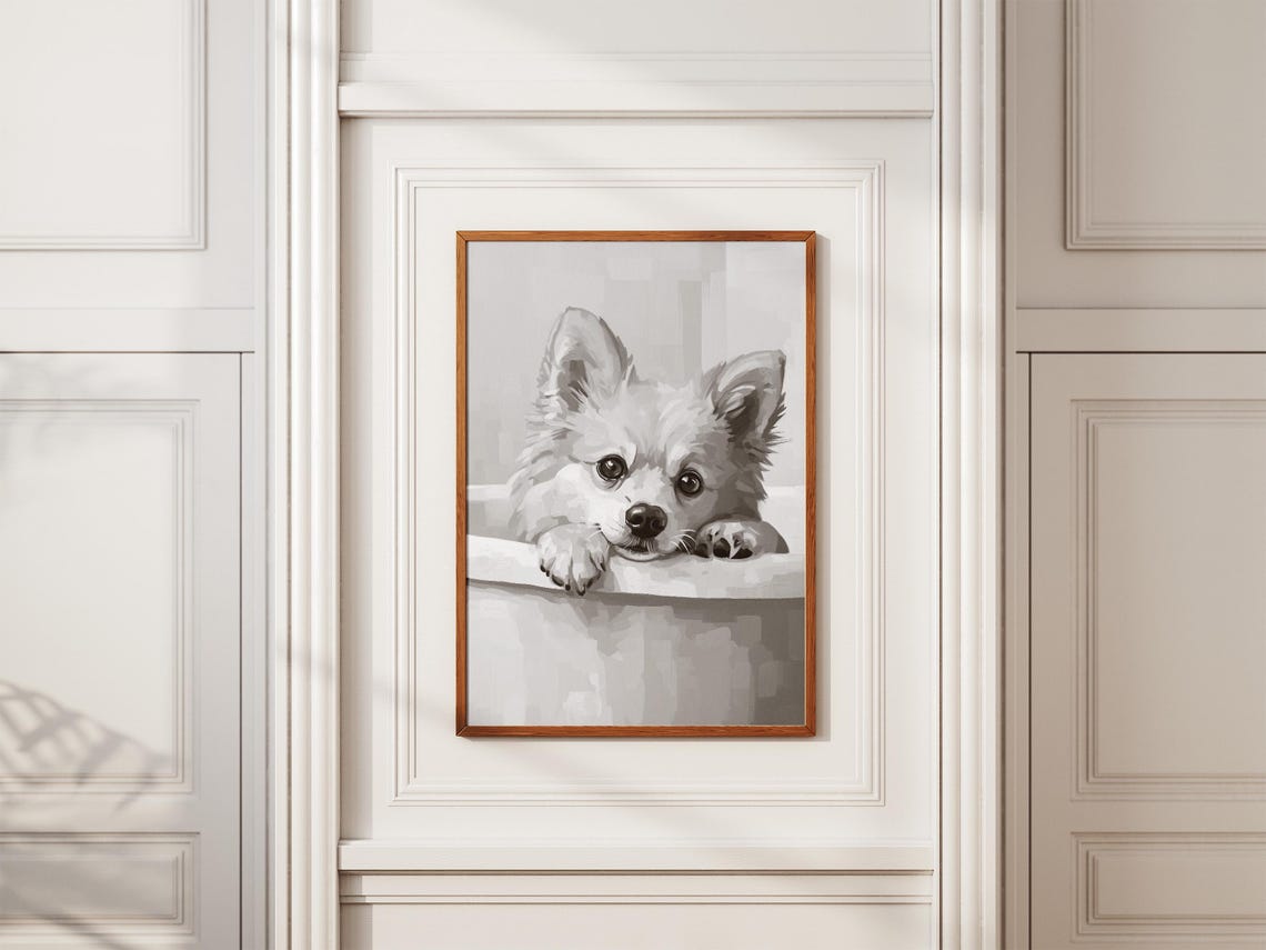 Adorable Fluffy Pomeranian Puppy Bubble Bath Minimalist Dog Poster - Image 2