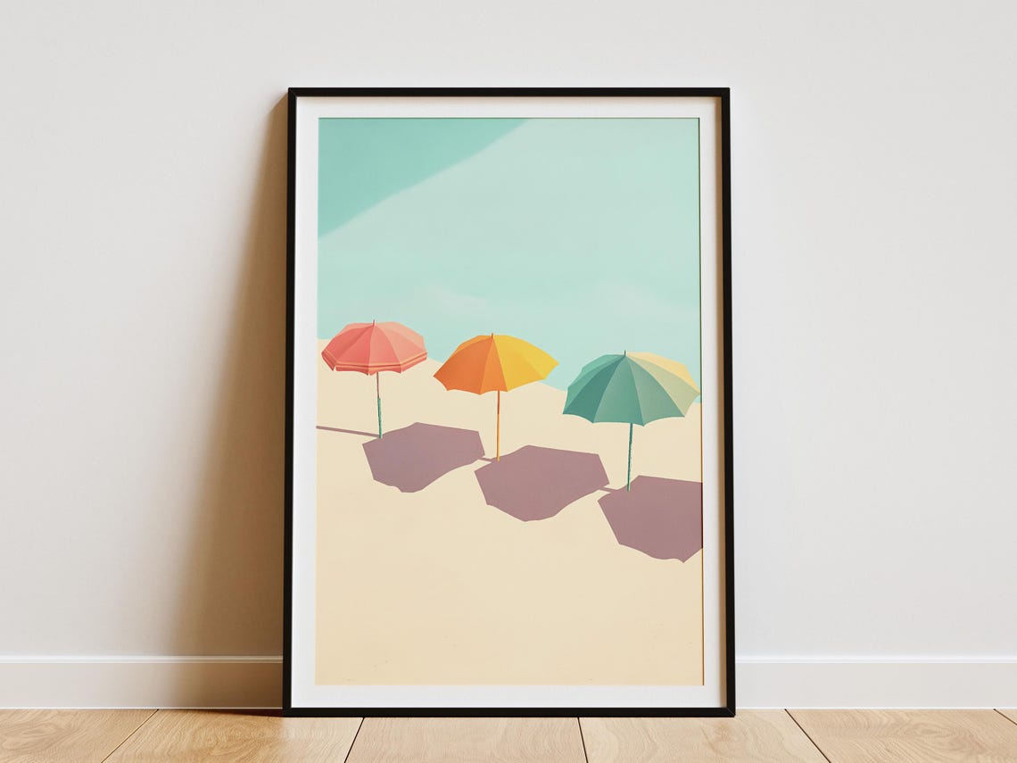 Three Colorful Beach Umbrellas Casting Shadows Mid Century Poster
