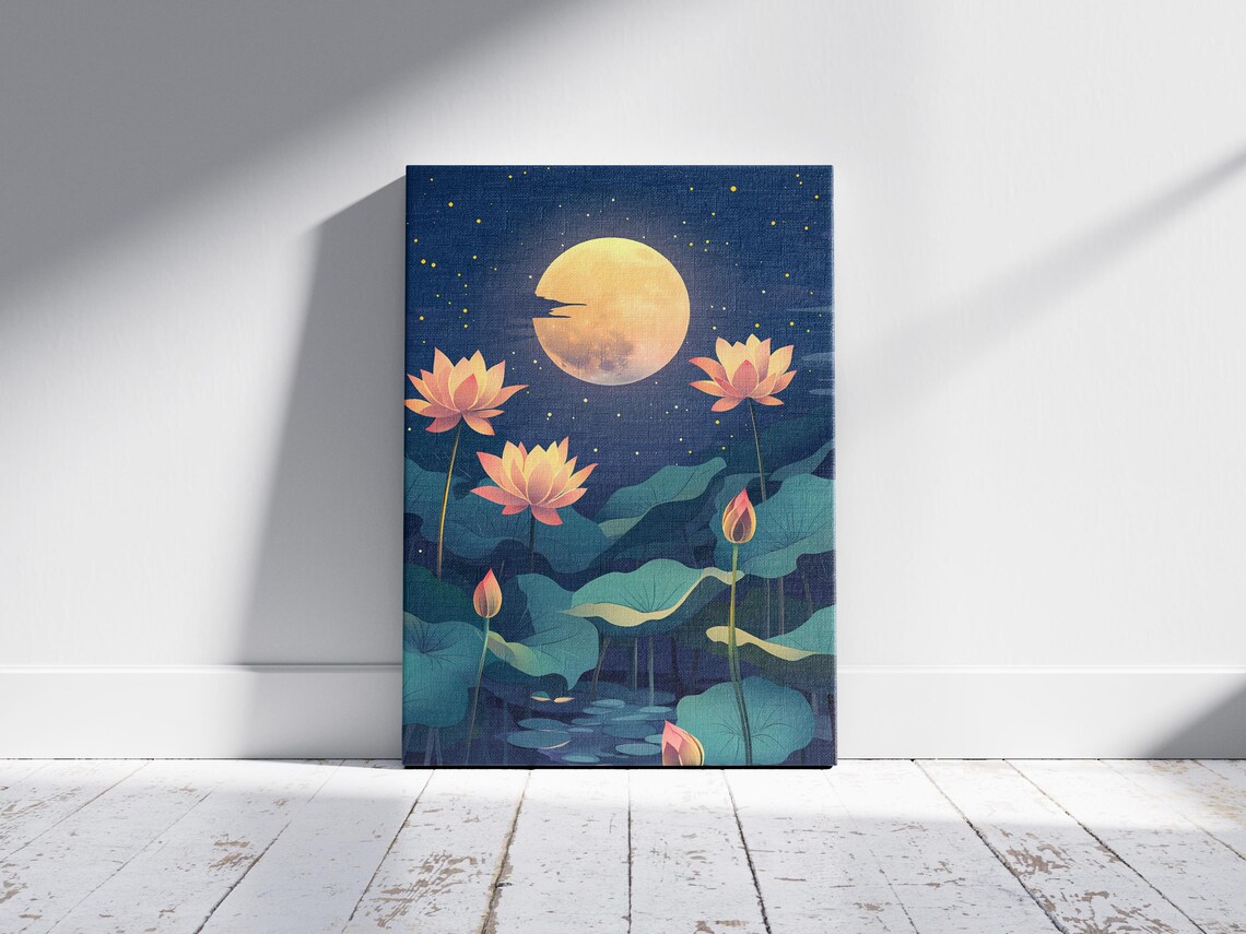 Golden Full Moon Lotus Blossoms Night Pond Asian Zen Art Poster - Image 2