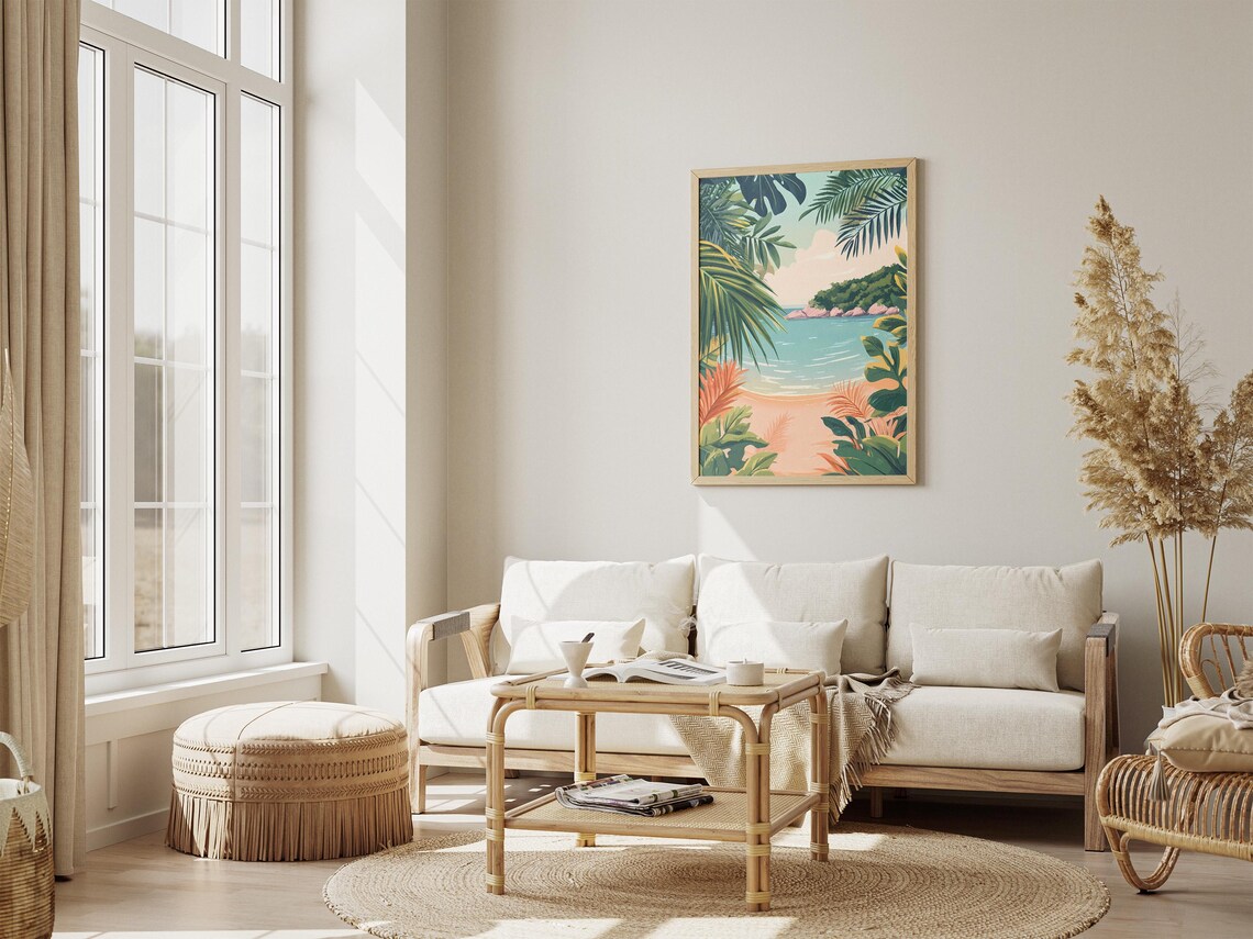 Tropical Beach Cove Framed by Palm Leaves Illustration Poster - Image 4