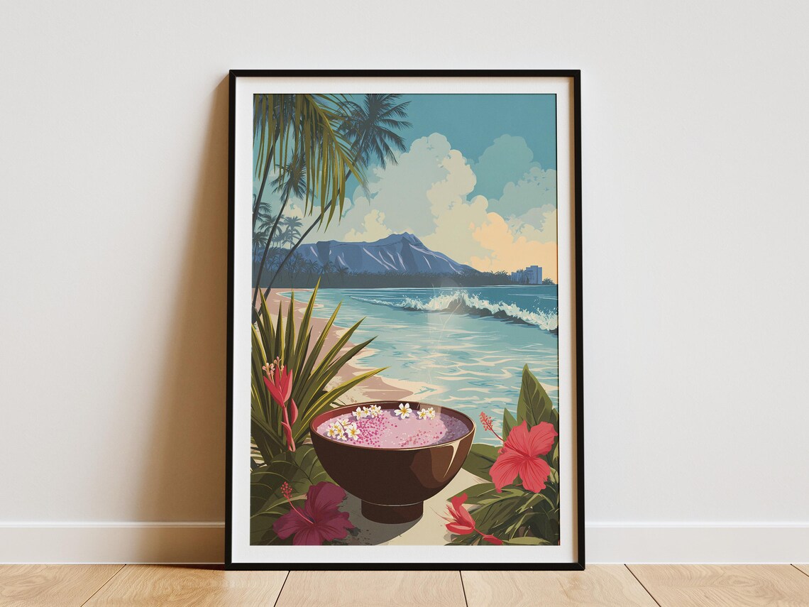 Hawaiian Poi Bowl With Beach Diamond Head Vintage Travel Poster