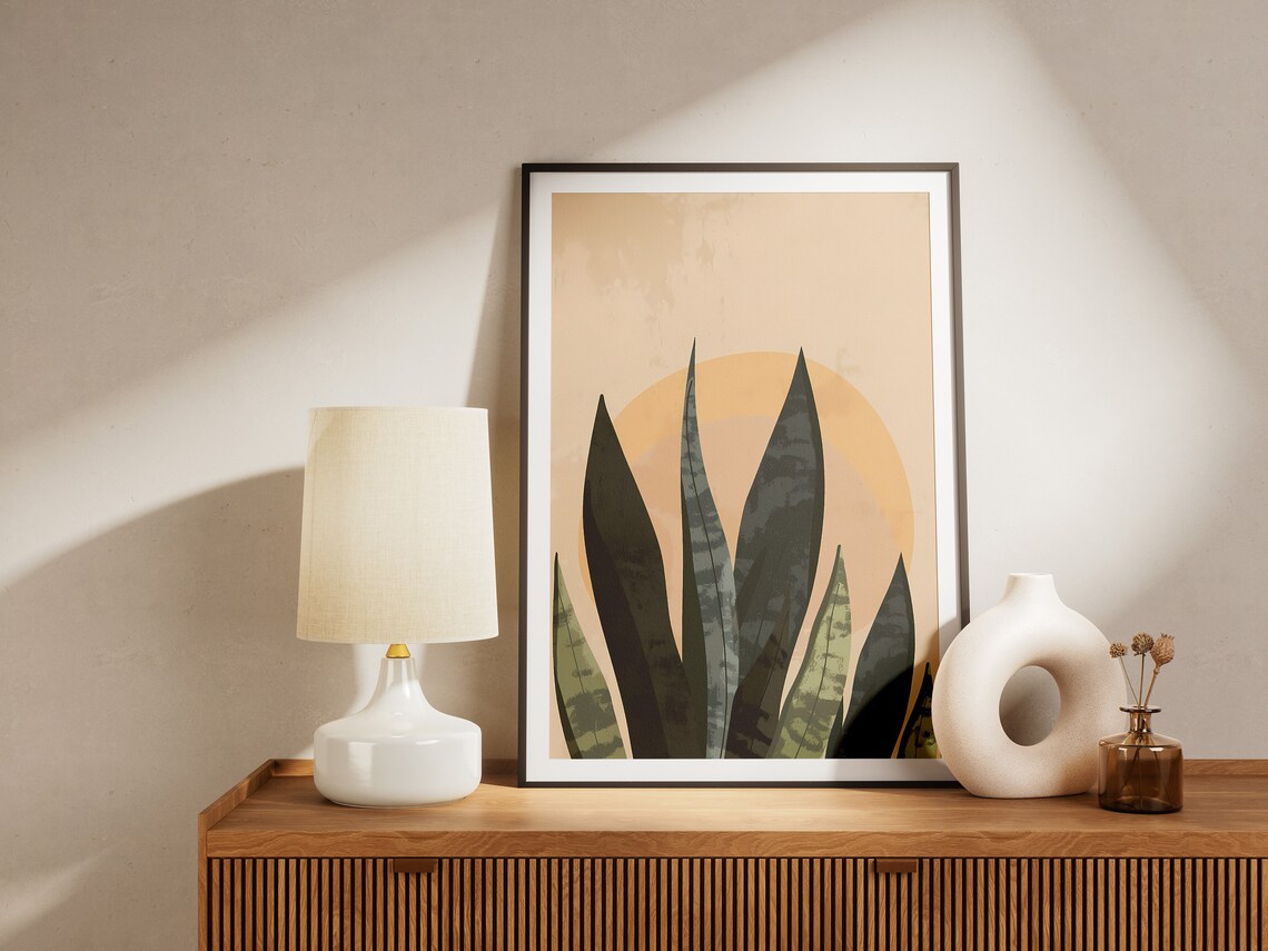 Snake Plant Leaves Sunset Circle Minimalist Boho Abstract Art Poster - Image 2