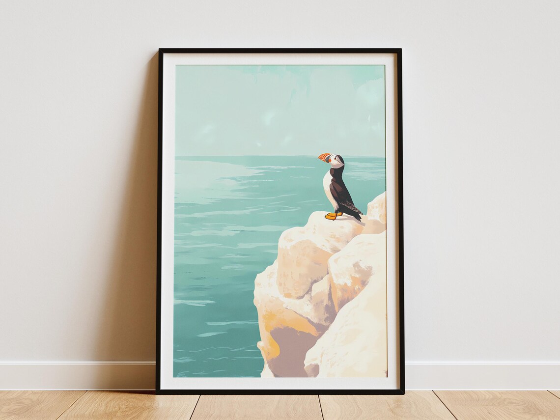 Puffin Looking Out to Sea from a White Cliff Edge Art Poster