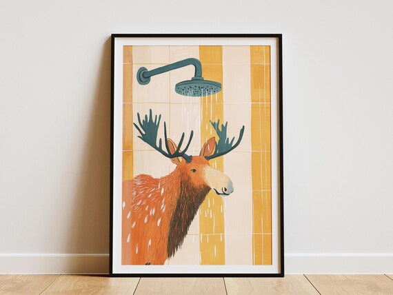 Rusty Orange Moose Enjoying Shower On Retro Orange Tiles Poster