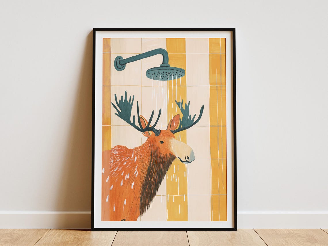 Rusty Orange Moose Enjoying Shower On Retro Orange Tiles Poster
