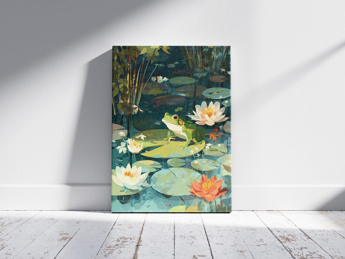 Green Frog on Lily Pad Water Lily Pond Nature Painting Poster - Image 2