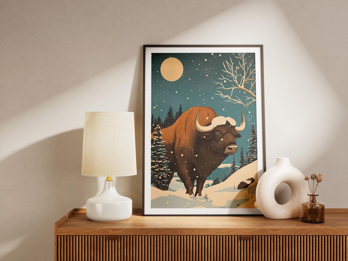 Christmas Buffalo in Snowy Moonlit Forest Winter Holiday Poster - Image 5