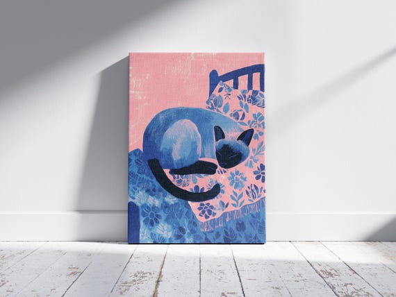 Siamese Cat Sleeping Bed Art Print Matisse Style Feline Wall Blue Pink Abstract Pet Portrait Modern Animal Decor For Bedroom