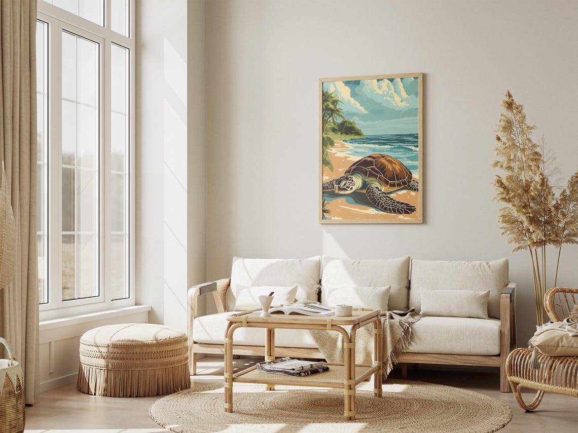 Sea Turtle Resting on a Golden Tropical Beach Illustration Poster - Image 4