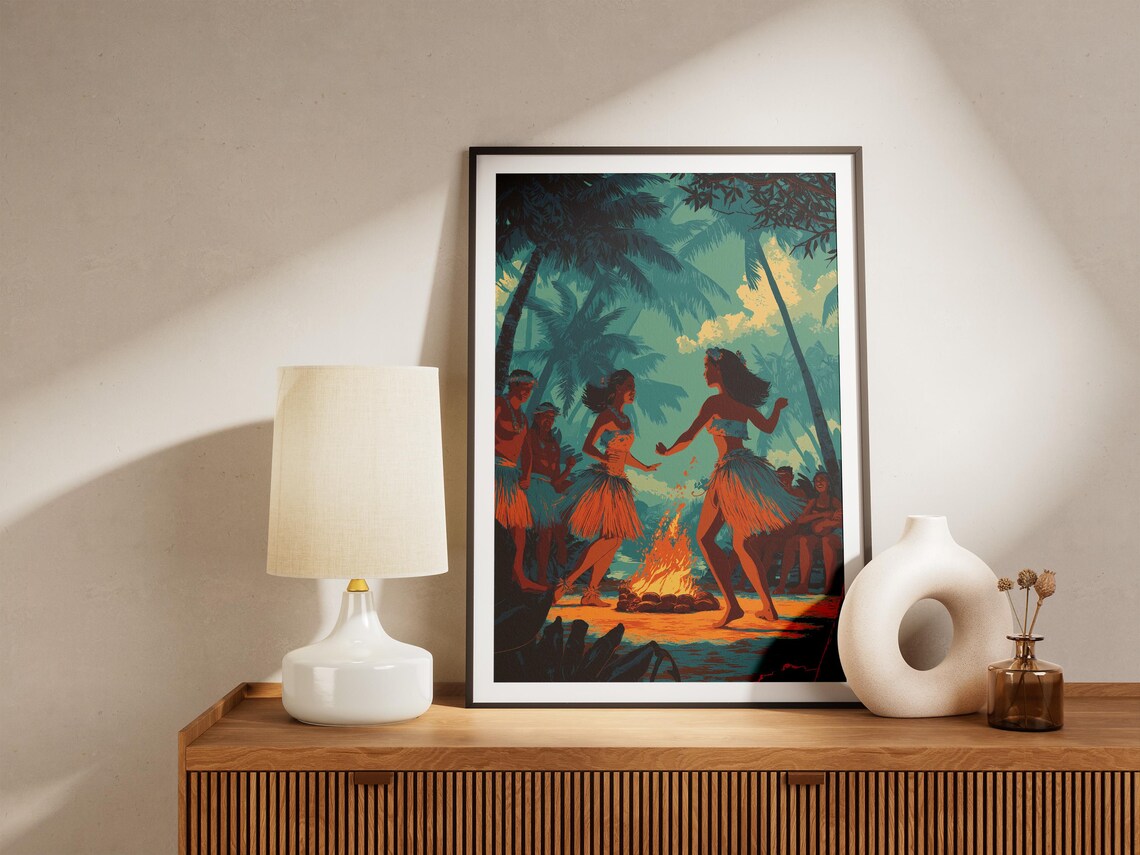Hula Dancers Around Tiki Bonfire Night Tropical Island Luau Art Poster - Image 4
