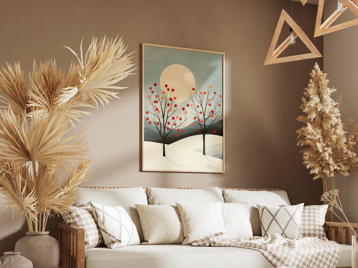 Moonlit Winter Orchard Minimalist Bare Trees Red Fruit Poster - Image 3