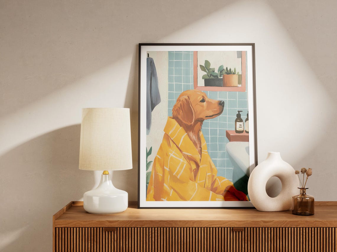 Golden Retriever in Yellow Plaid Bathrobe Calm Spa Day Poster - Image 4