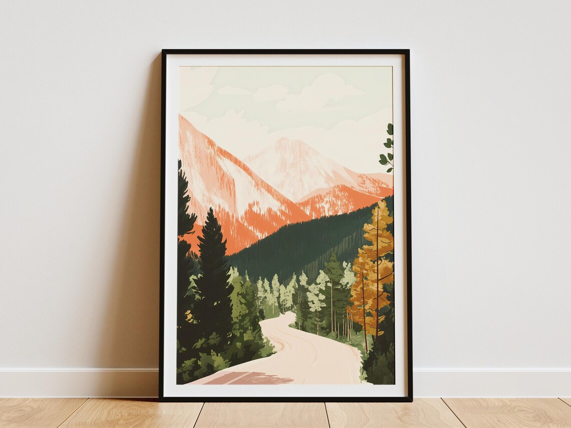 Winding Road Through Green Pine Forest To Pink Mountains Poster