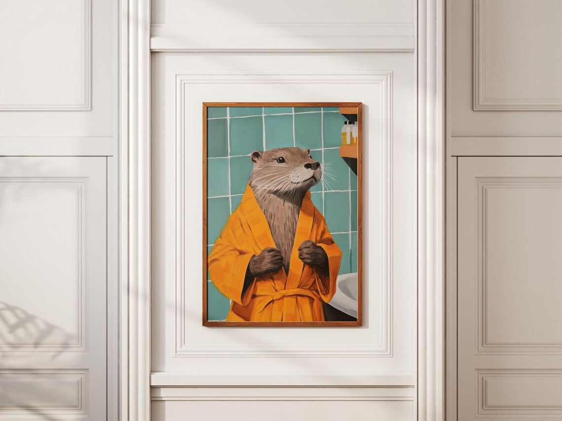 Cozy Otter In Orange Bathrobe Vintage Teal Bathroom Fun Poster - Image 2