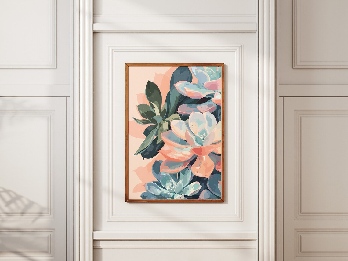 Pastel Succulent Plants Pink and Teal Minimalist Botanical Wall Poster - Image 2
