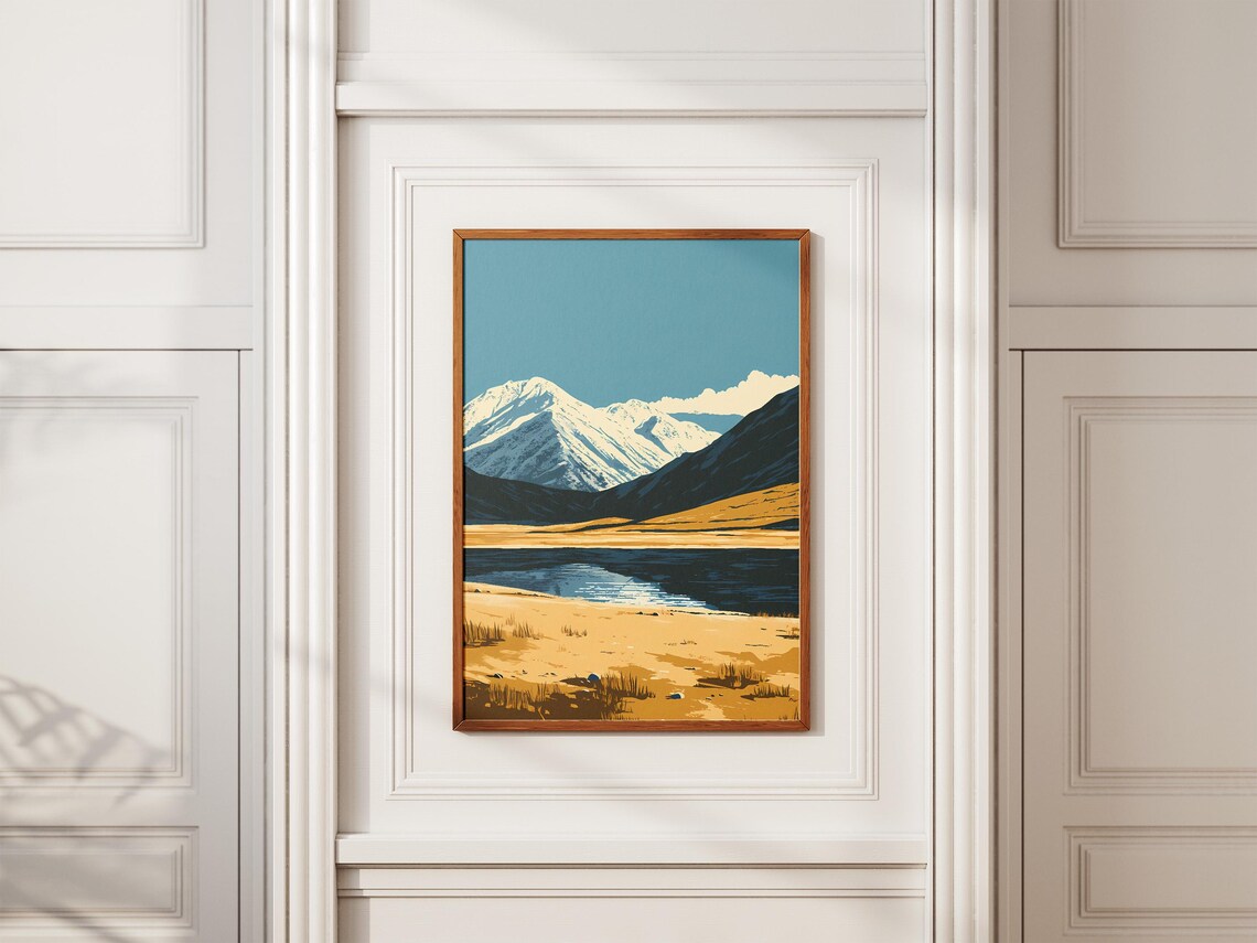 Mongolia Lake Snowy Mountain Peaks Golden Steppe Landscape Poster - Image 2