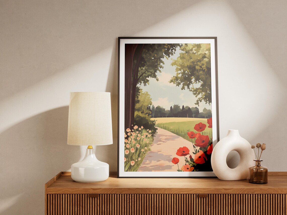 Red Poppy Lane Under Leafy Trees Country Garden Path Scene Poster - Image 5