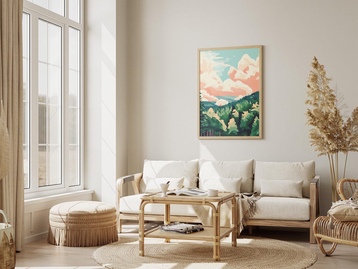 Serene Dreamy Pine Forest Beneath Pastel Peach Cloudscape Poster - Image 4