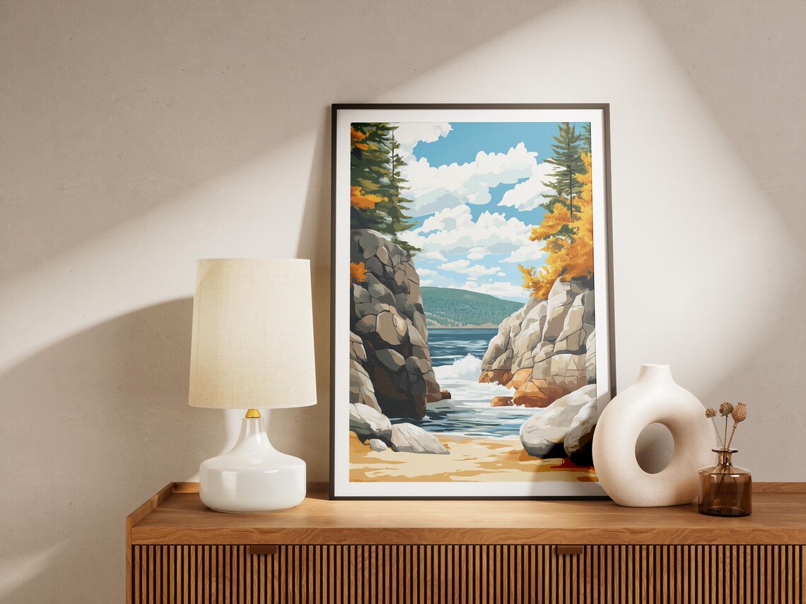 Acadia National Park Maine Rocky Cove Ocean Waves Autumn Art Poster - Image 4