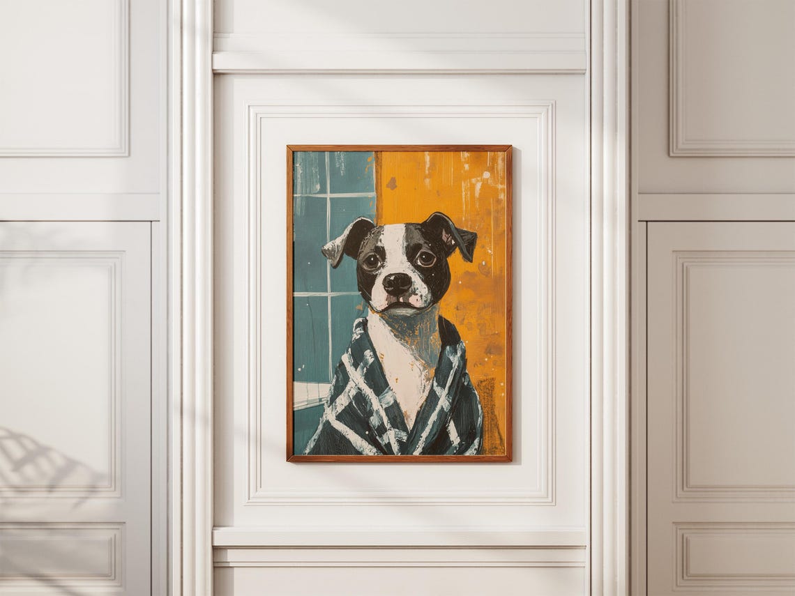 Staffordshire Terrier Bathrobe Bathroom Poster Dog Art Print Pet Portrait Funny Dog Modern Dog Painting Canine Art Pet Lover Gift Whimsical - Image 2