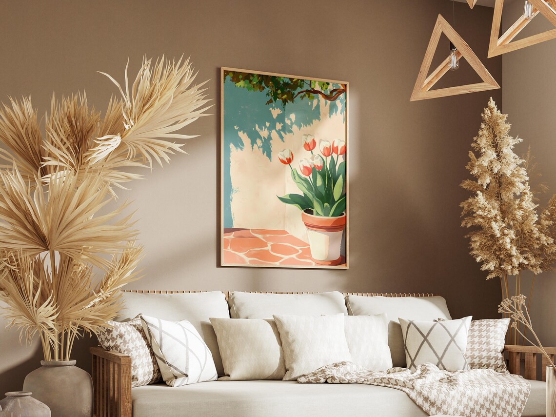 Red And White Tulips In Pot On Sunny Terracotta Patio Poster - Image 3