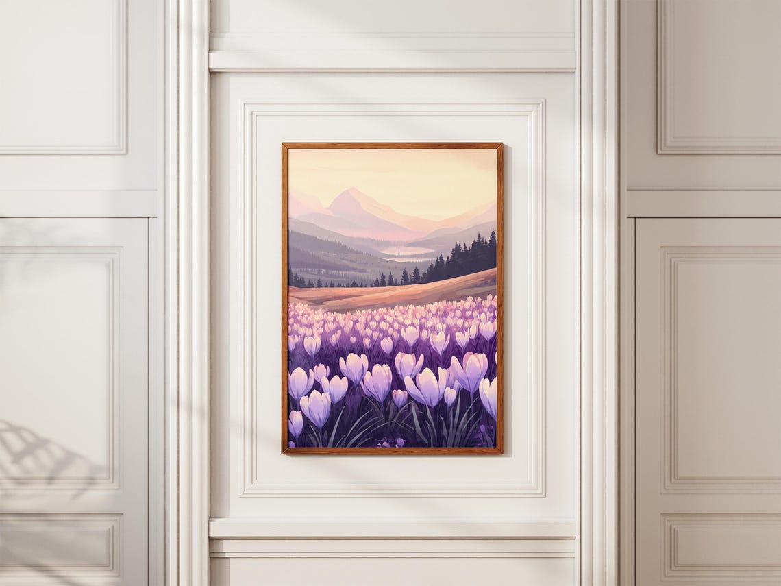 Purple Crocus Field at Sunrise with Misty Mountain Valley Poster - Image 2