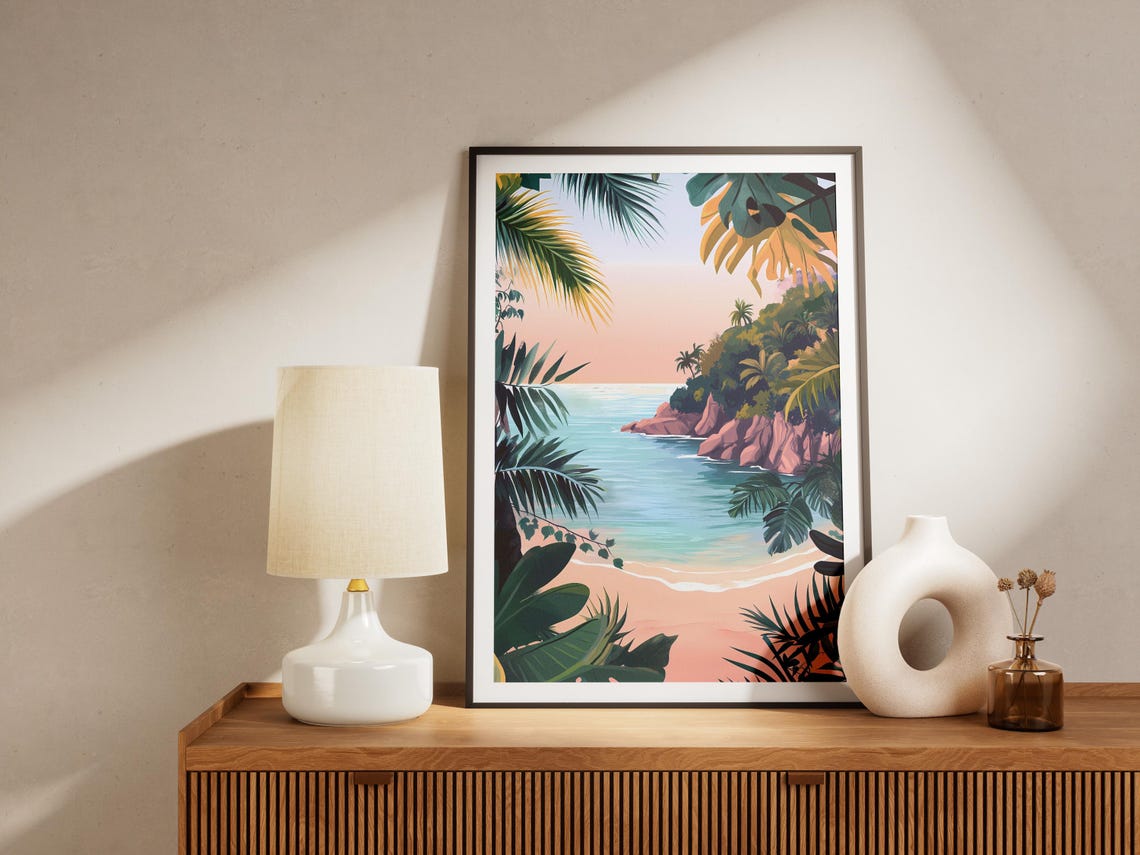 Hidden Tropical Cove Palm Leaves Turquoise Sea Calm Coastal Wall Art - Image 4