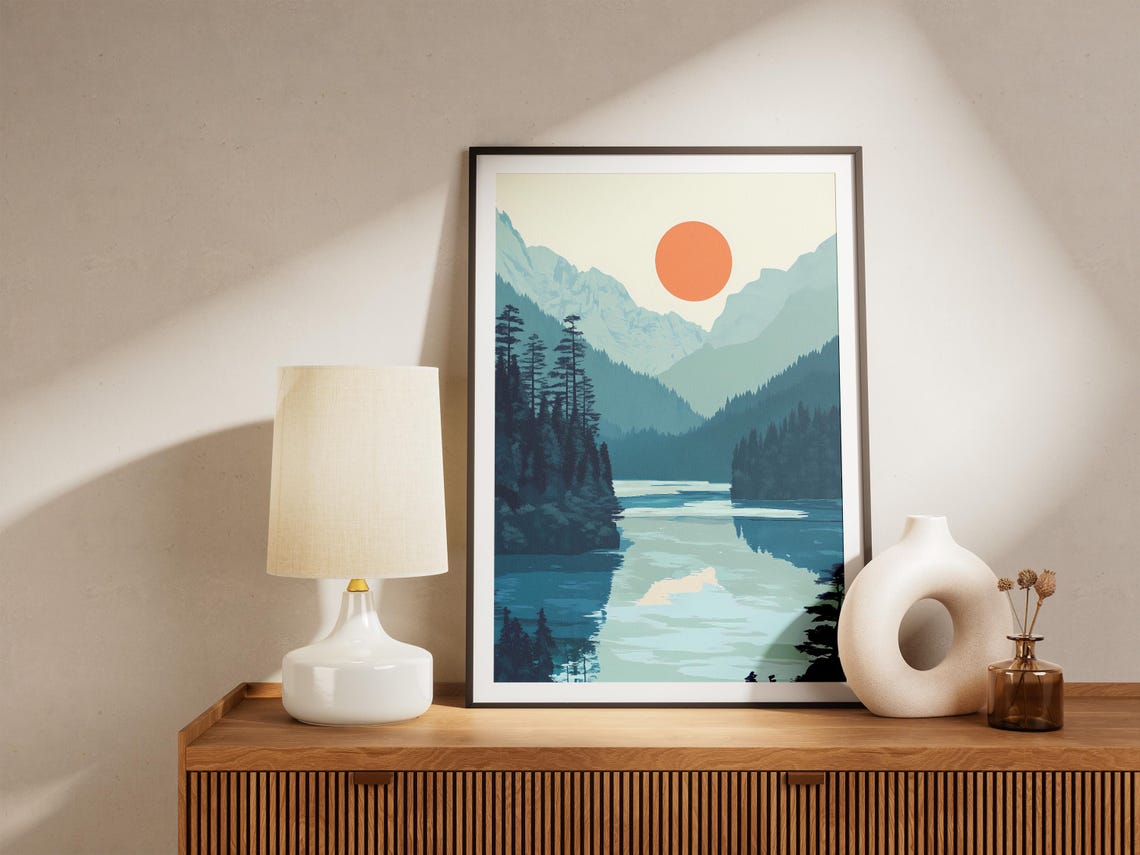 Serene Mountain Lake Reflection Minimalist Nature Landscape Poster - Image 5