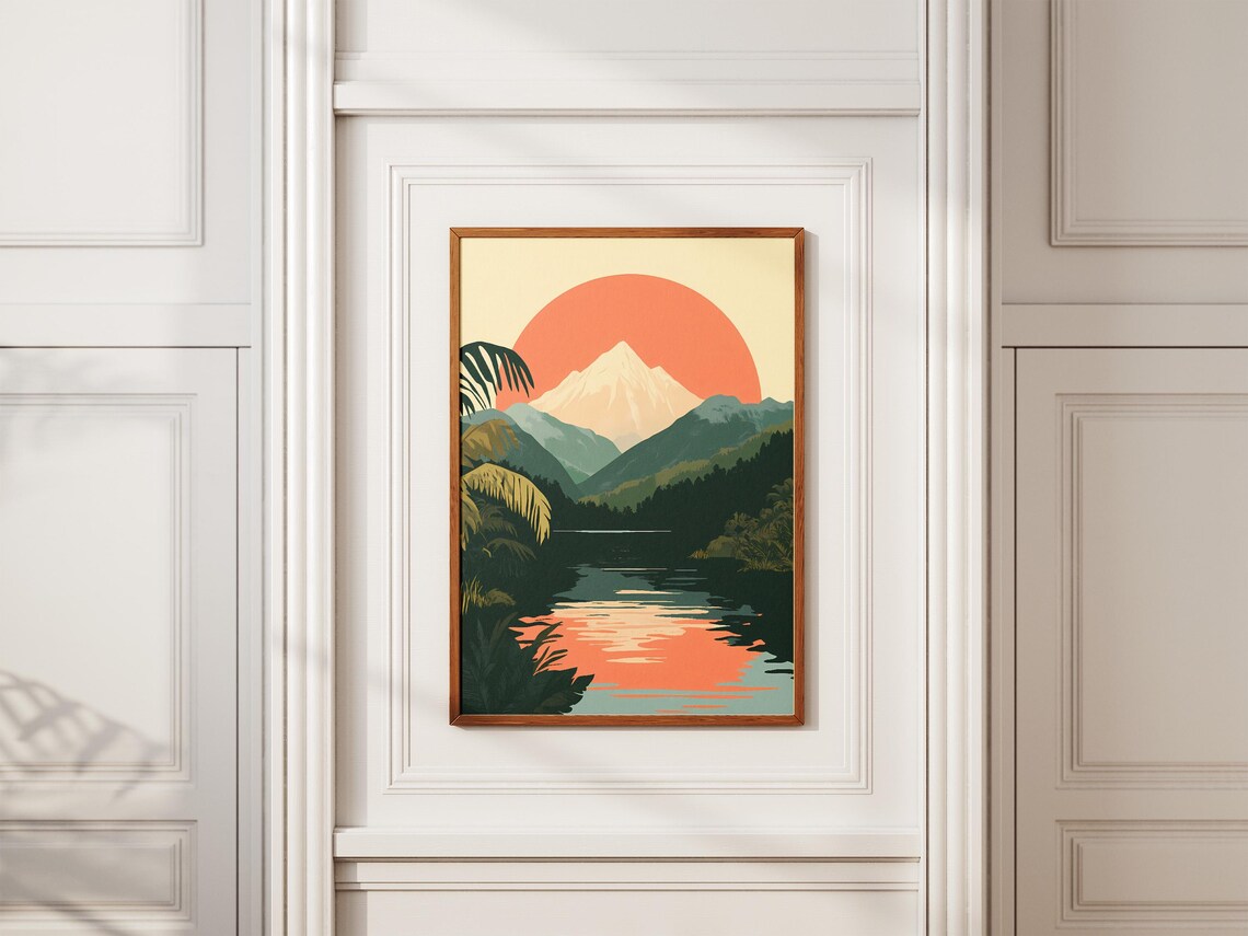 Coral Sunset Over Mountain And Jungle River Vintage Art Poster - Image 2