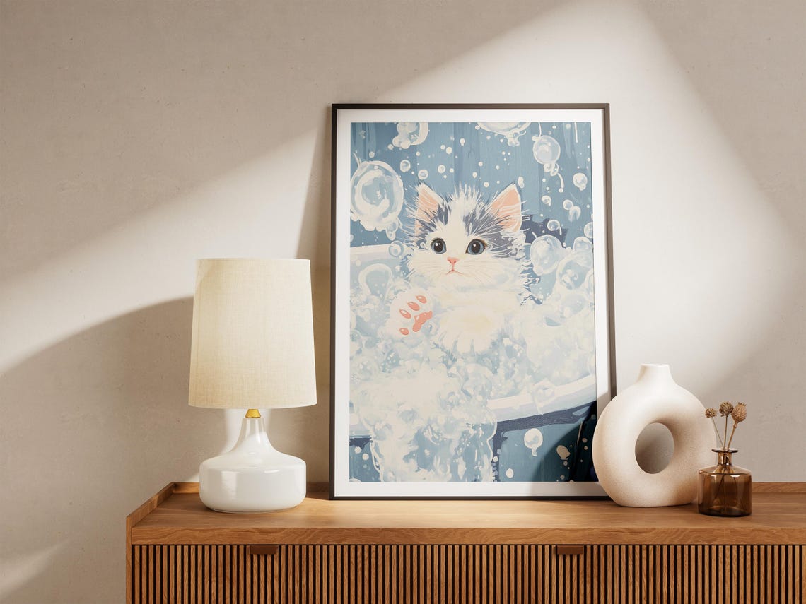 Fluffy Gray Kitten in Blue Bubble Bath Sweet Kitten Cat Art Poster - Image 4