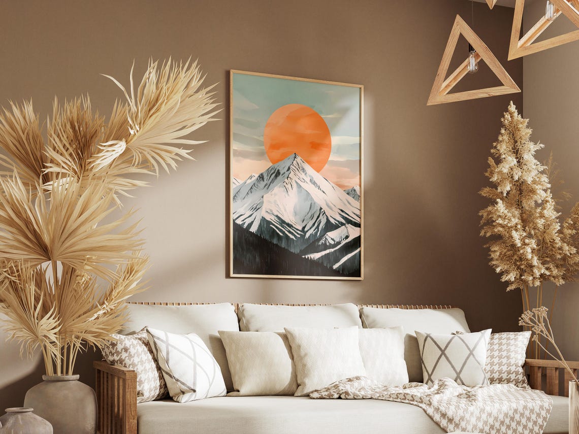 Giant Orange Sun Behind Snow Capped Mountain Peak Scenic Poster - Image 3
